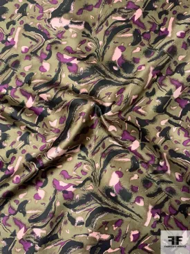 Abstract Printed Vintage Silk Twill - Khaki-Olive / Purple / Black / Light Pink