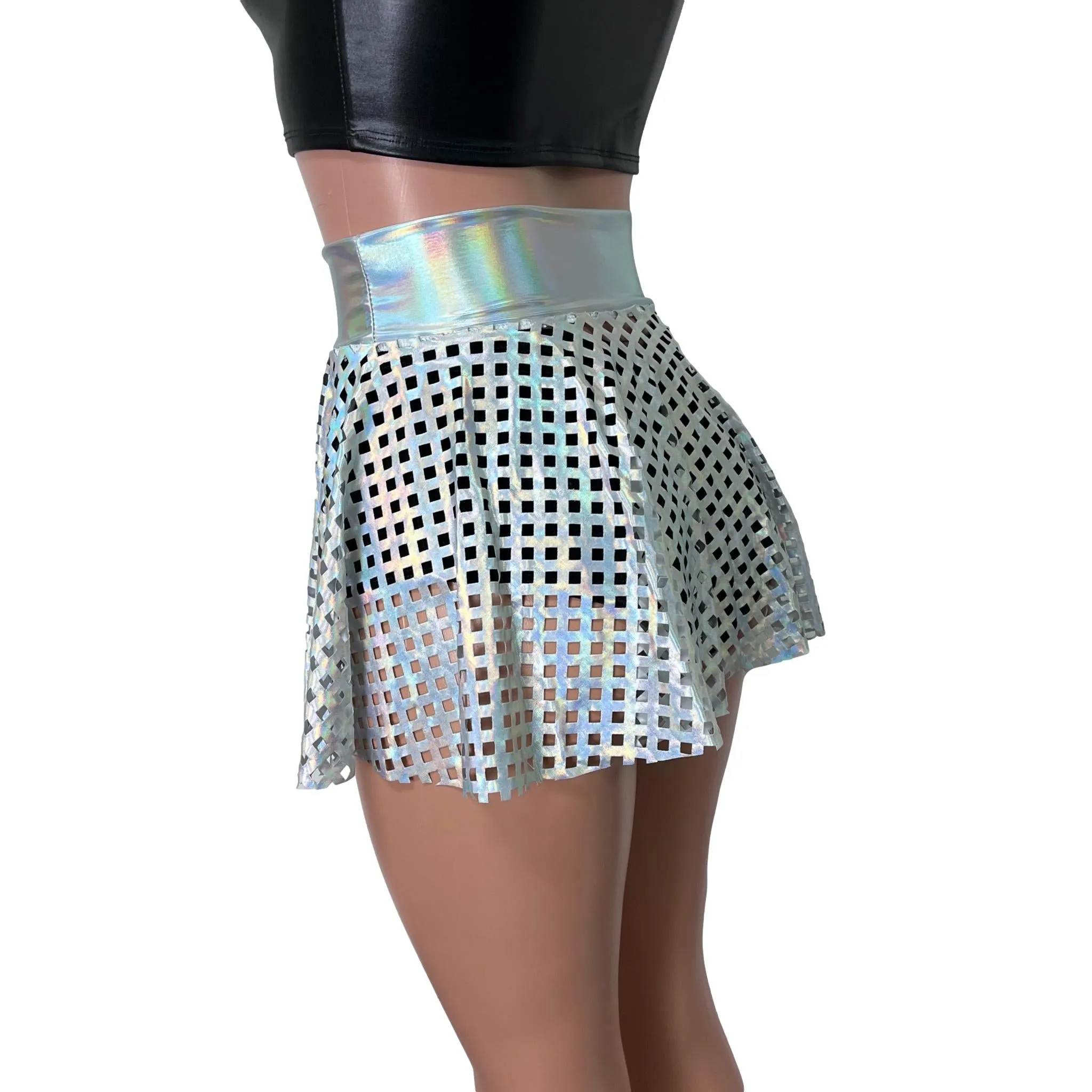 13" Skater Skirt - Opal Diamond Cutout Holographic Iridescent