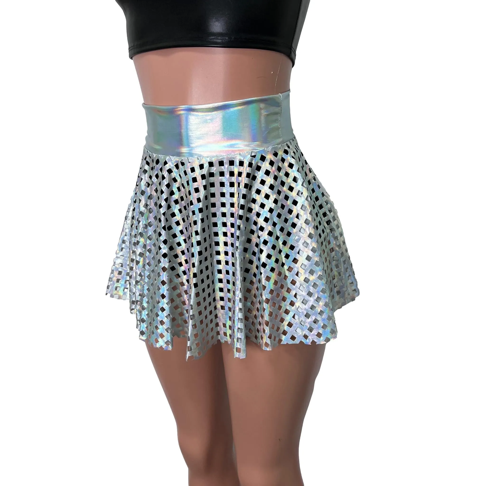 13" Skater Skirt - Opal Diamond Cutout Holographic Iridescent