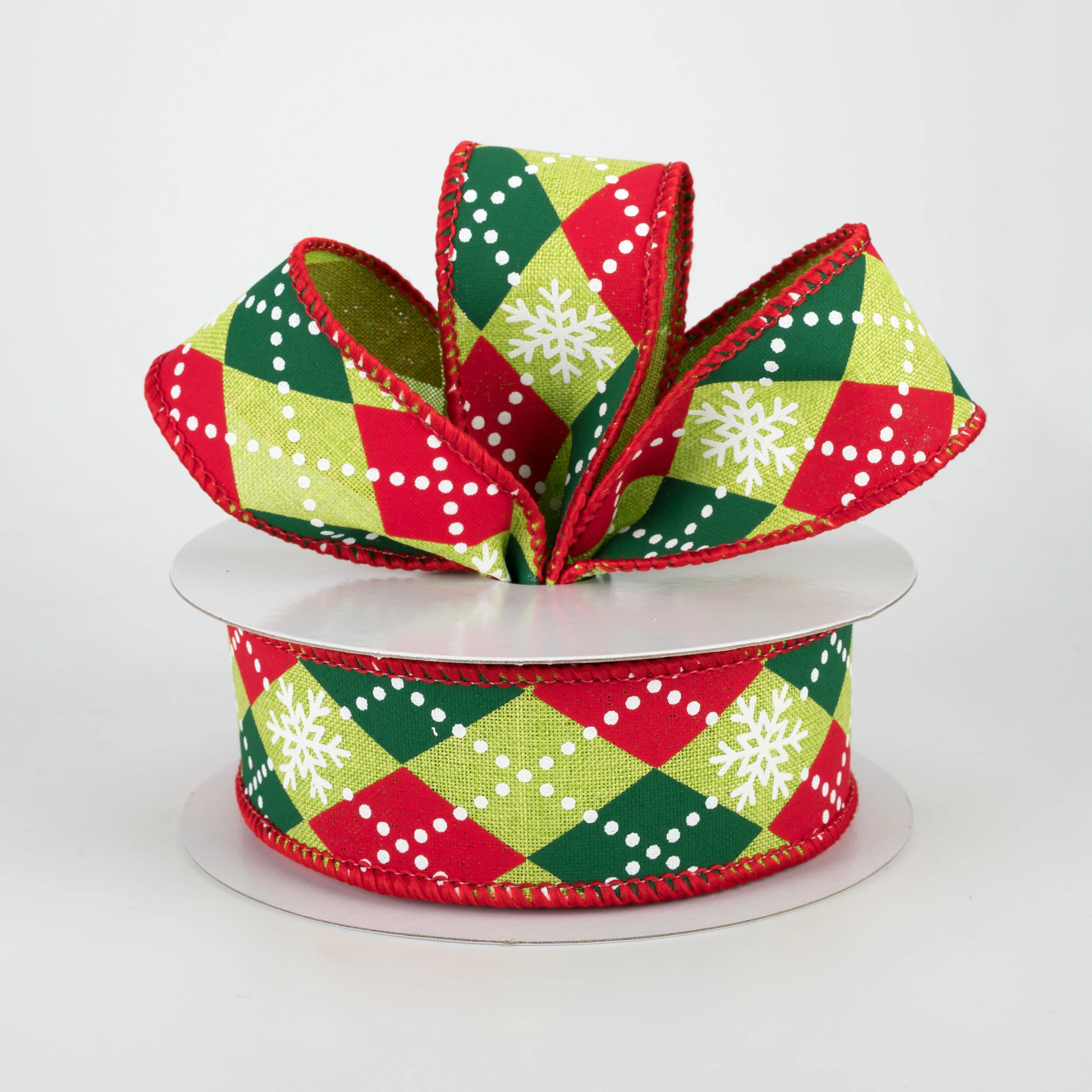 1.5" Argyle Snowflakes Ribbon: Lime, Red, Emerald (10 Yards)