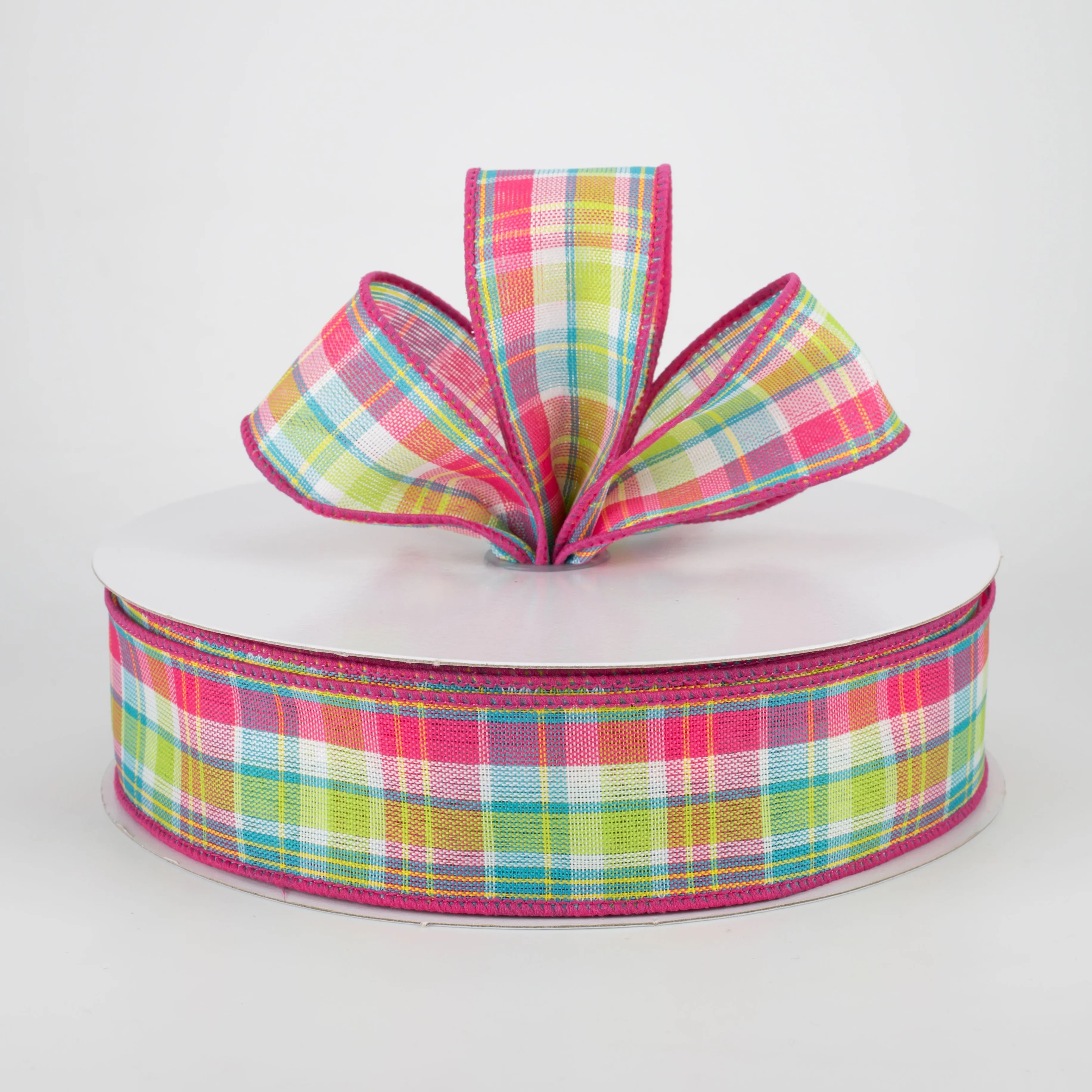 1.5" Bertie Plaid Ribbon: Fuchsia, Turquoise, Yellow, White (50 Yards)