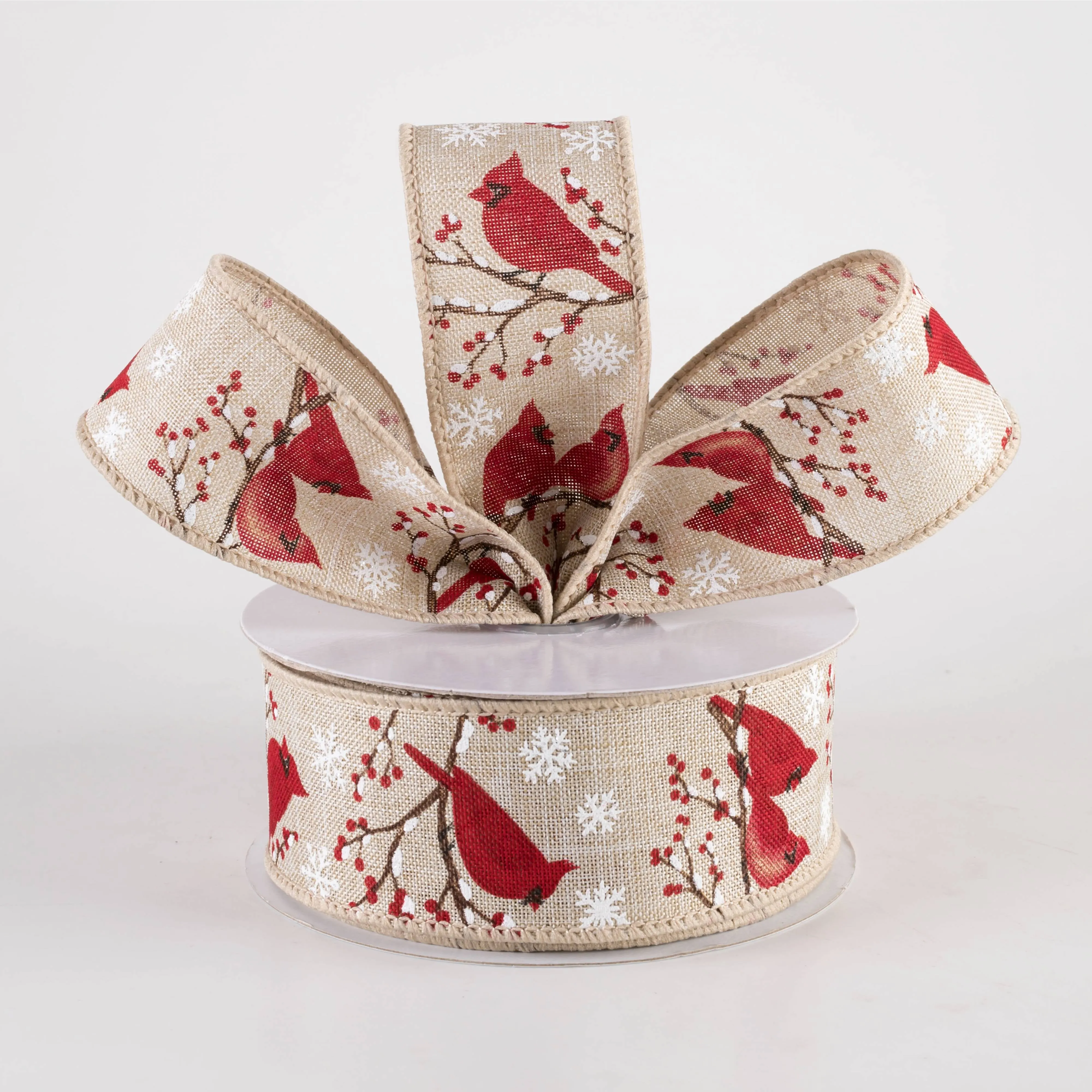 1.5" Cardinal, Snowflake & Berries Ribbon: Natural (10 Yards)