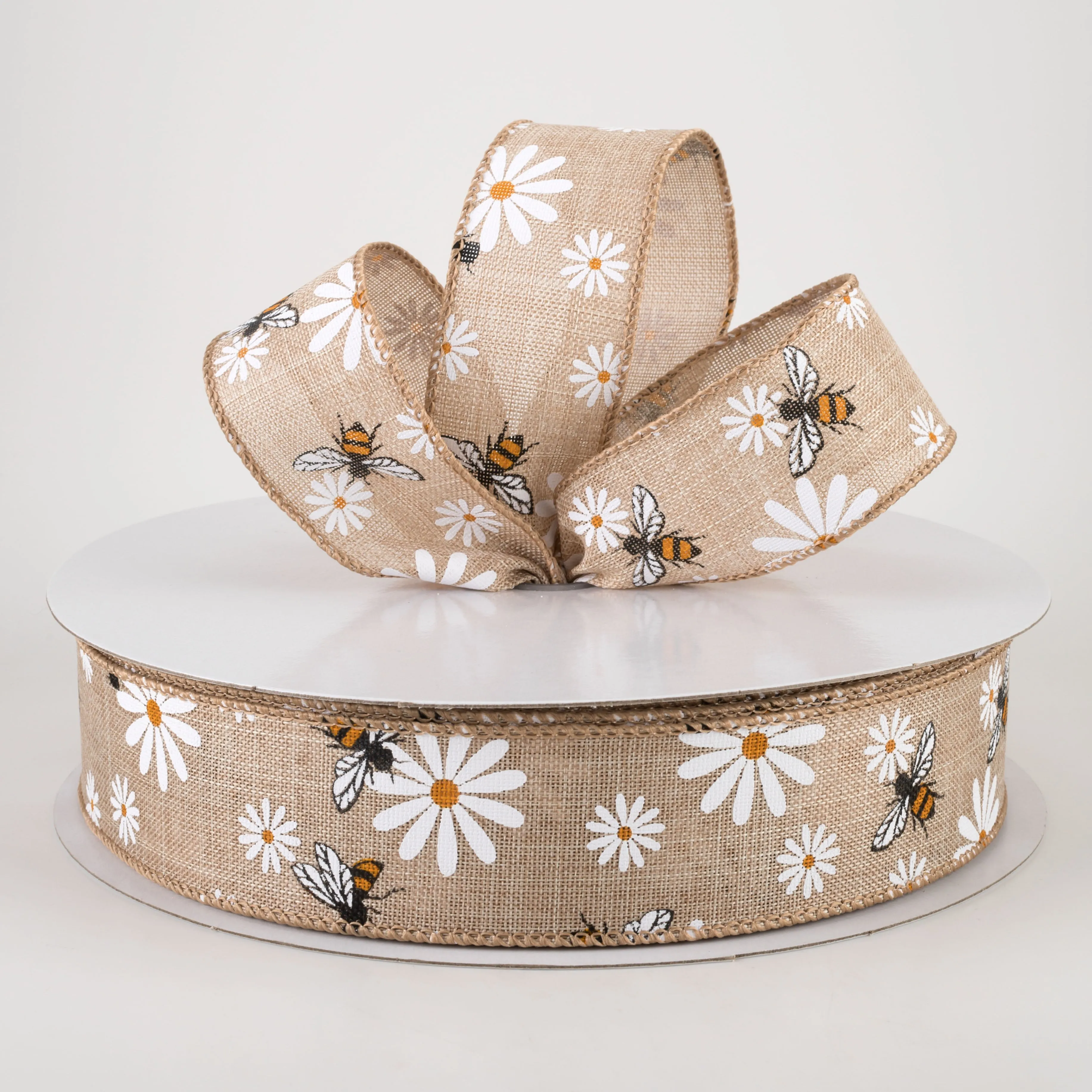 1.5" Daisies & Bees Ribbon: Natural Linen (50 Yards)