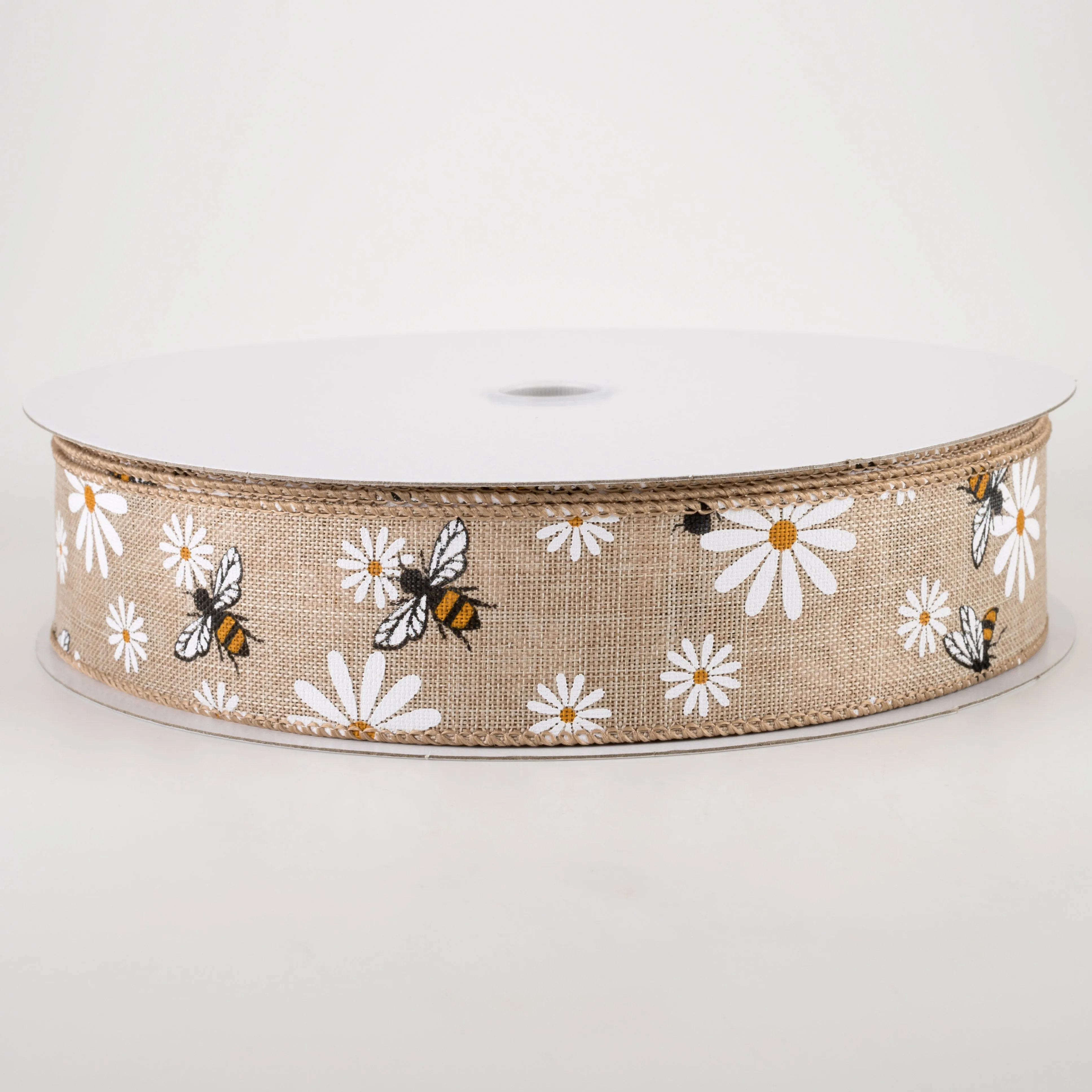 1.5" Daisies & Bees Ribbon: Natural Linen (50 Yards)