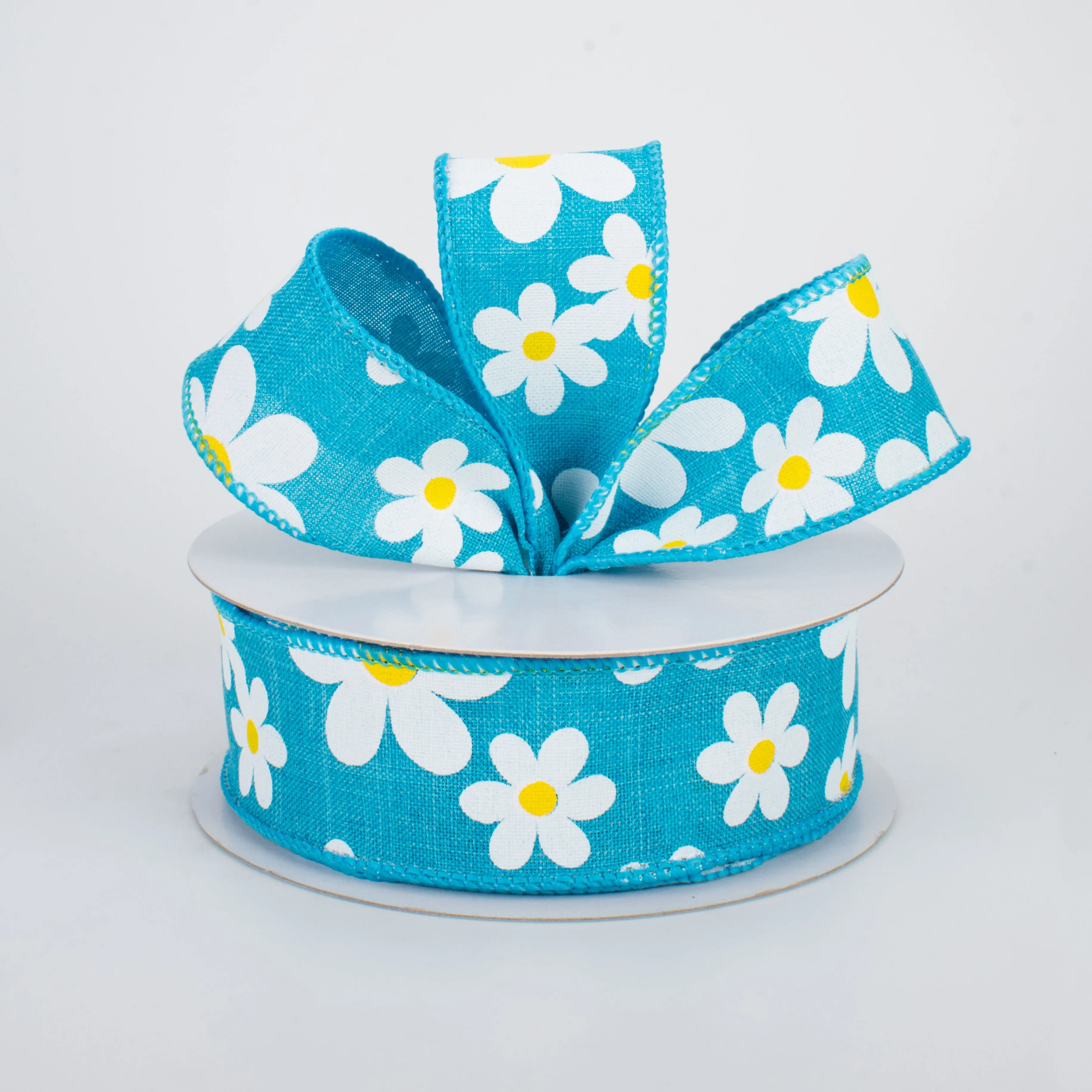 1.5" Daisy Print Ribbon: Turquoise (10 Yards)