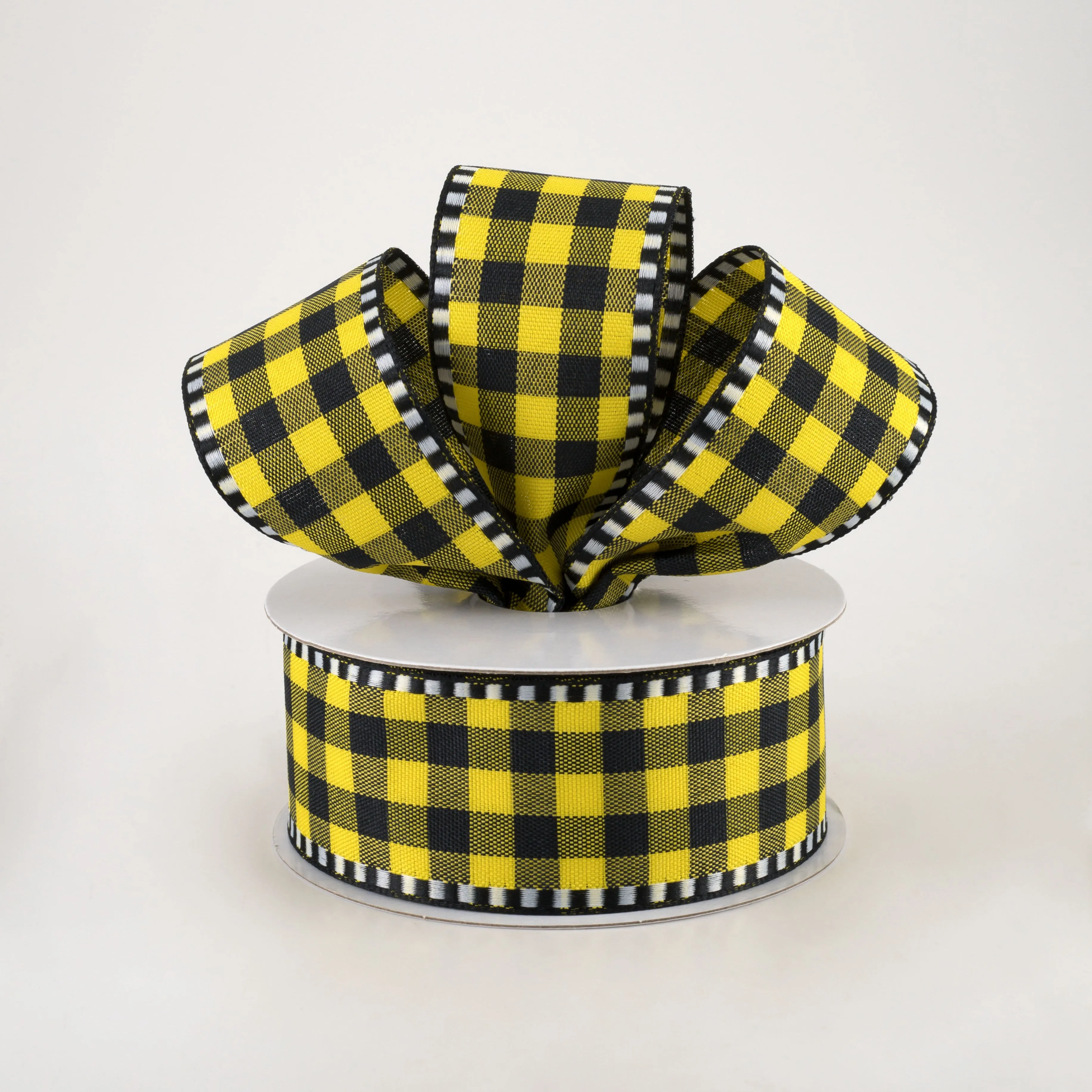 1.5" Dashed Edge Check Plaid Ribbon: Yellow & Black (10 Yards)