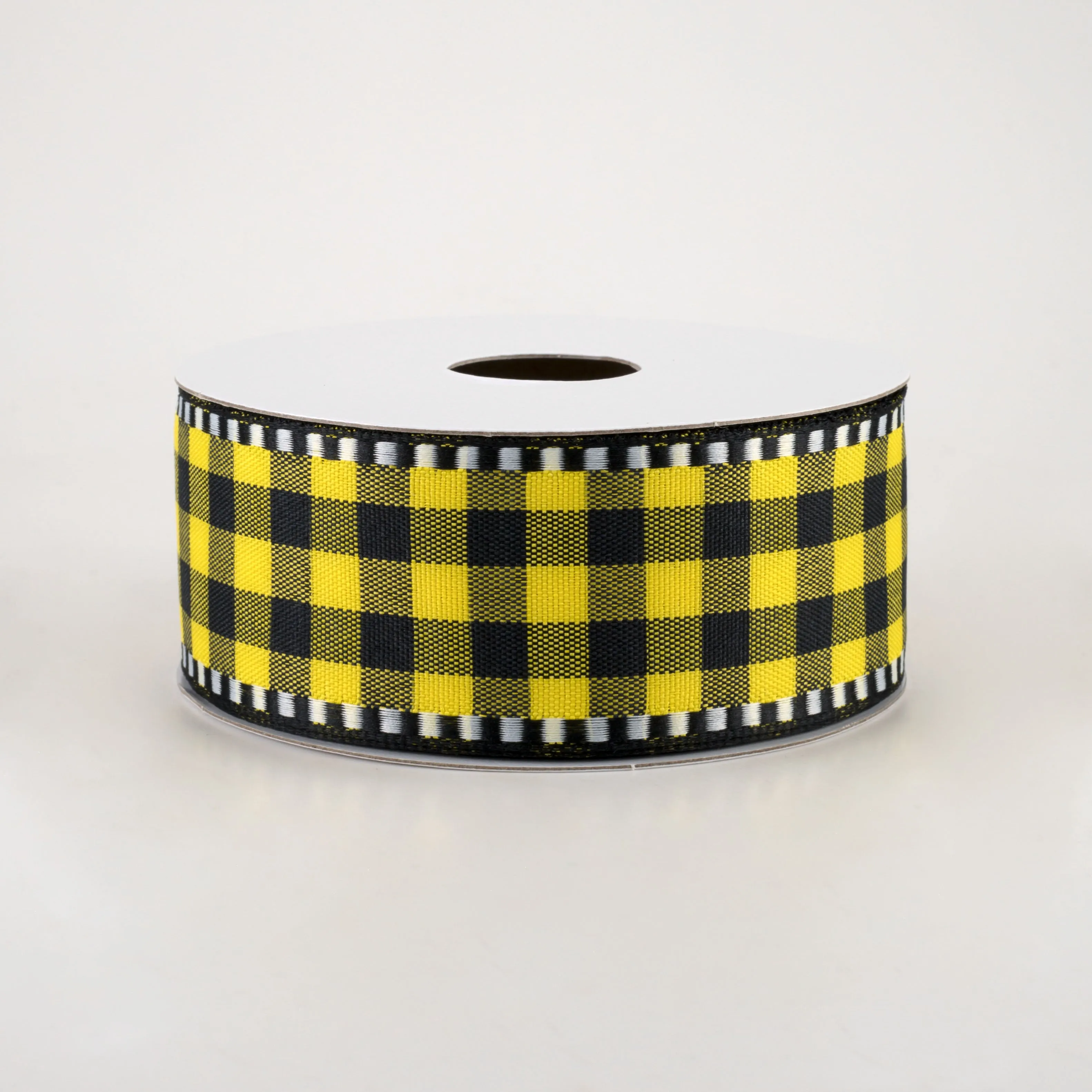 1.5" Dashed Edge Check Plaid Ribbon: Yellow & Black (10 Yards)