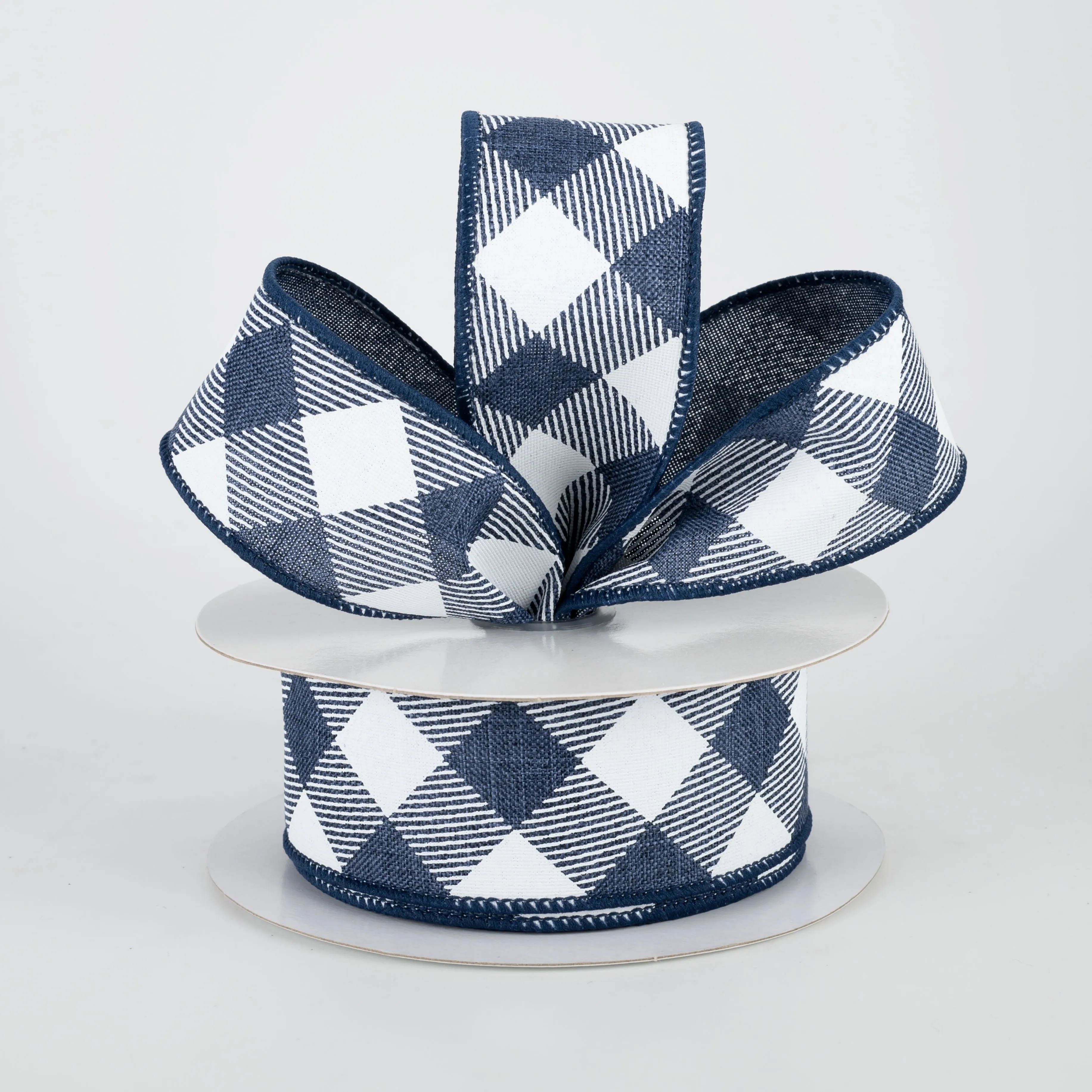 1.5" Diagonal Check Ribbon: Navy Blue & White (10 Yards)