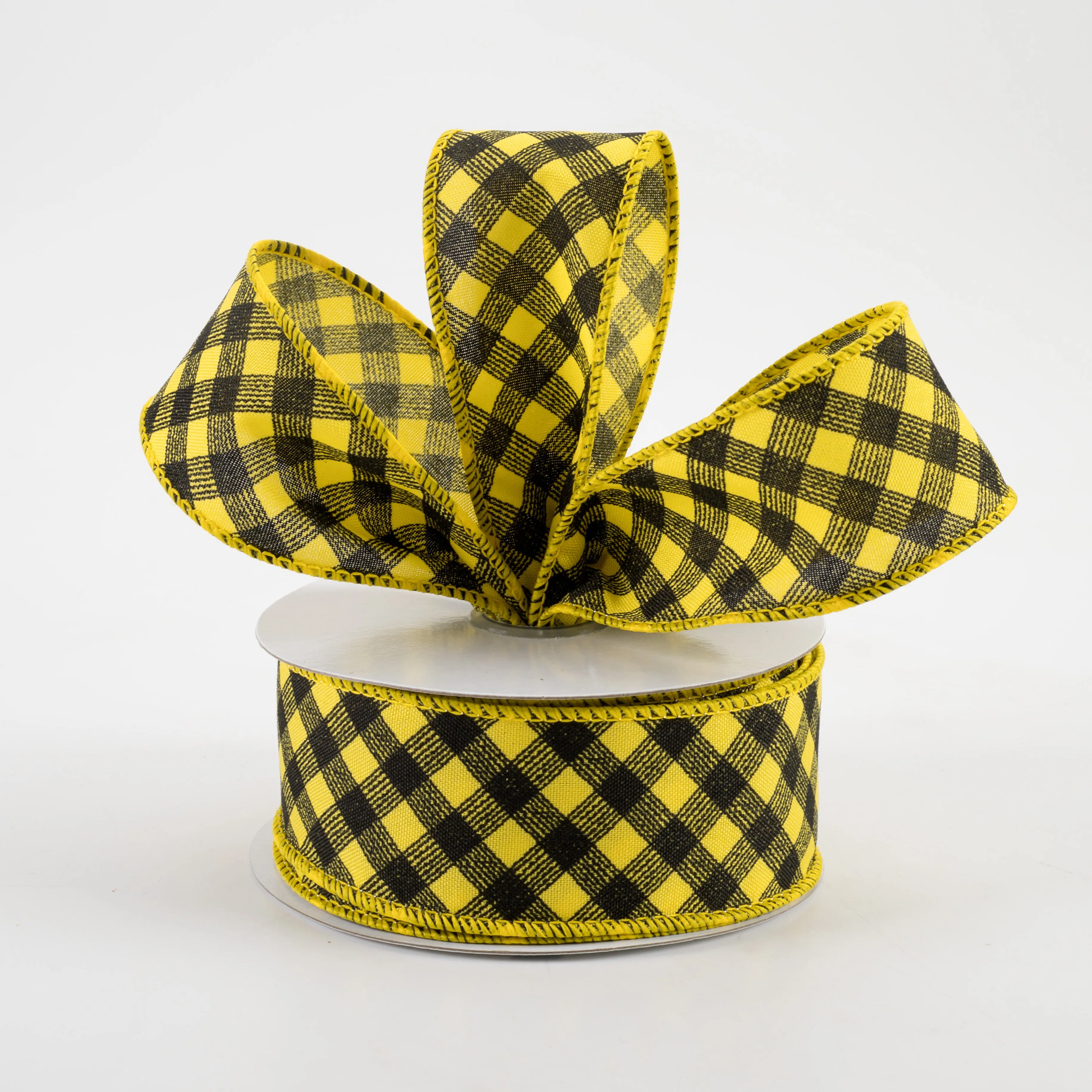 1.5" Diagonal Gingham Pattern Ribbon: Sun Yellow & Black (10 Yards)