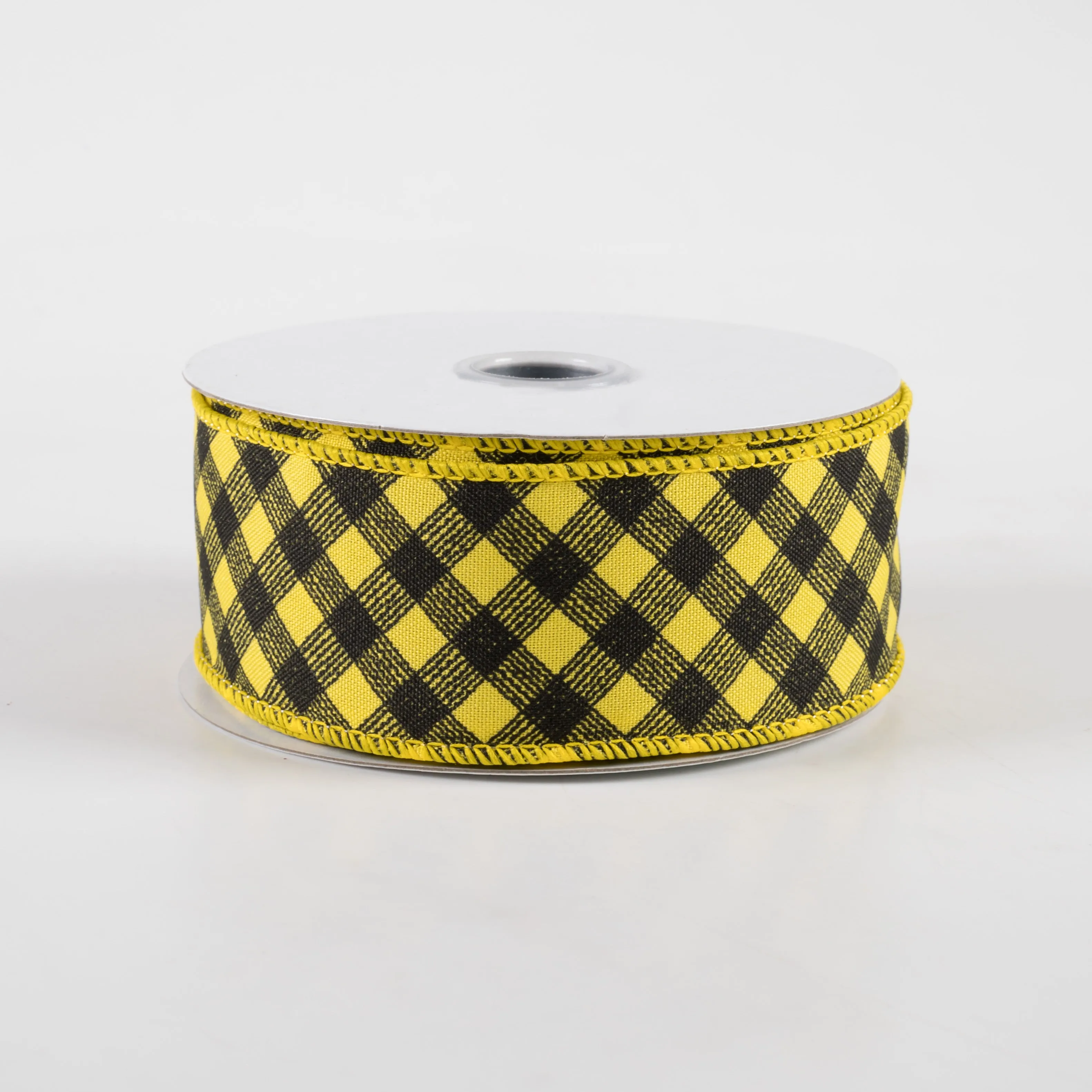 1.5" Diagonal Gingham Pattern Ribbon: Sun Yellow & Black (10 Yards)