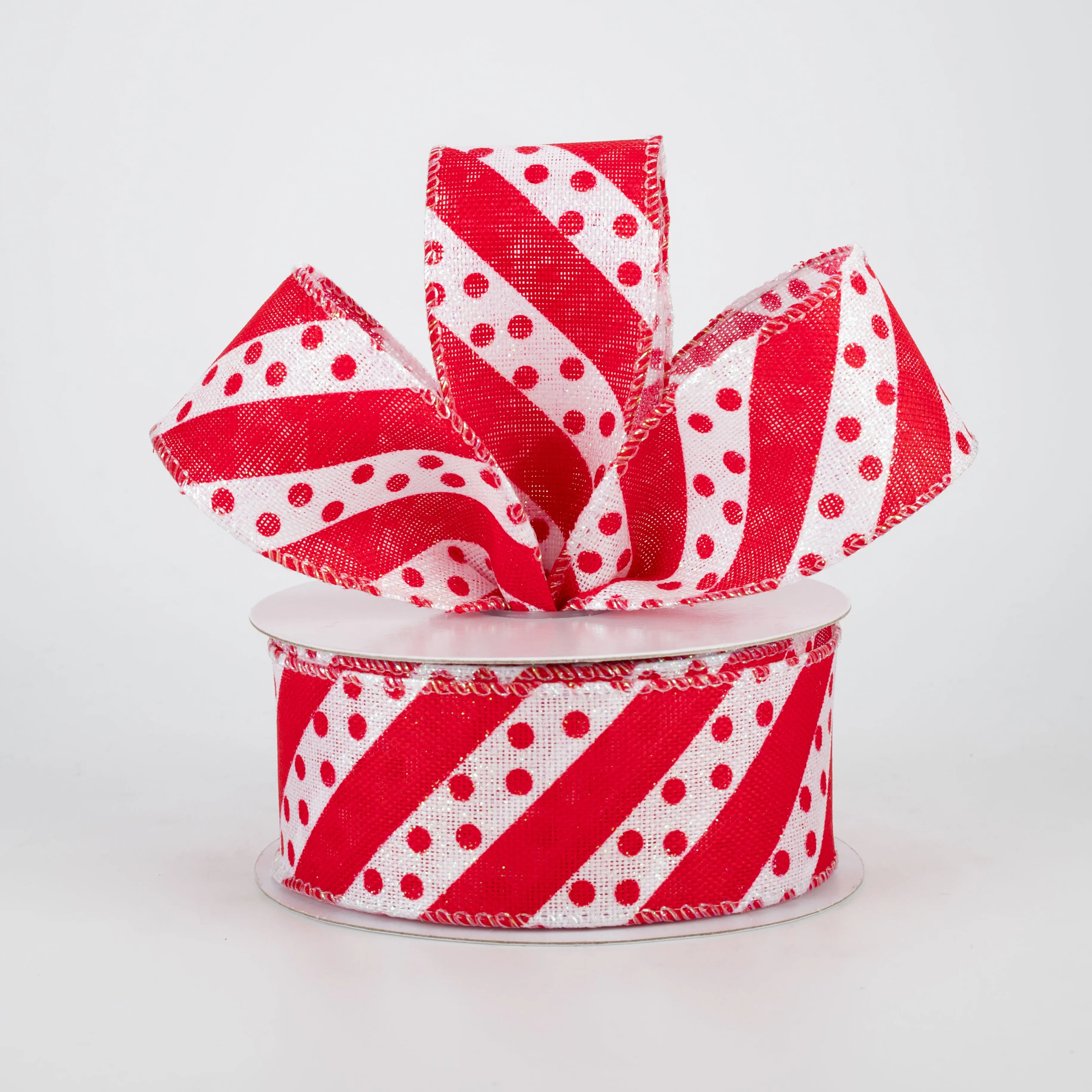 1.5" Dotty Stripe Christmas Ribbon: Red & White (10 Yards)