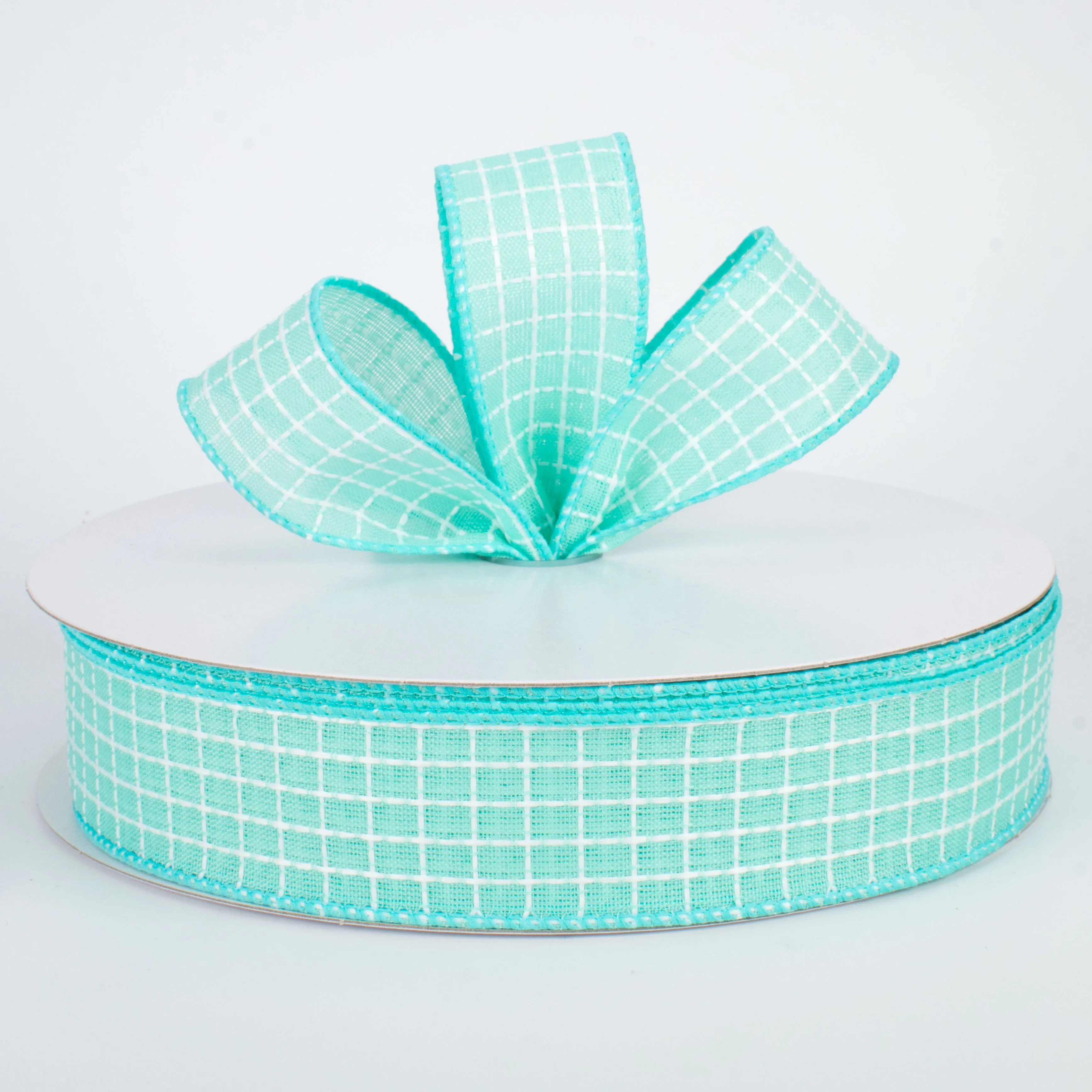 1.5" Embroidered Stitched Squares Ribbon: Turquoise (50 Yards)