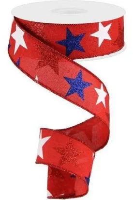 1.5" Red Royal Canvas Ribbon: Patriotic Stars (10 Yards)