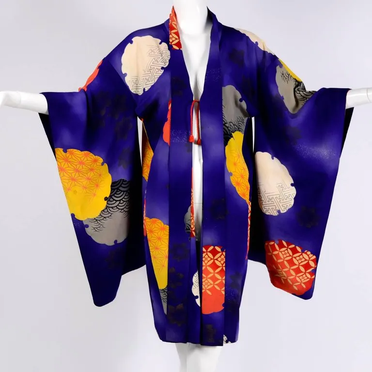 1930s Japanese Haori Kimono Jacket Purple Silk w/ Orange Designs