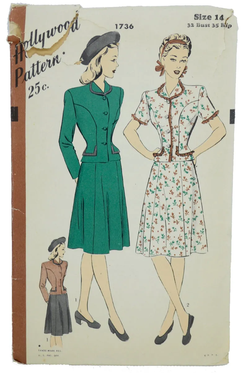 1940s Hollywood 1736 Unused Vintage Skirt & Jacket Sewing Pattern