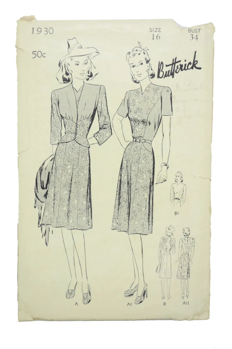 1943 Butterick 1930 WWII Dress and Jacket Vintage Sewing Pattern