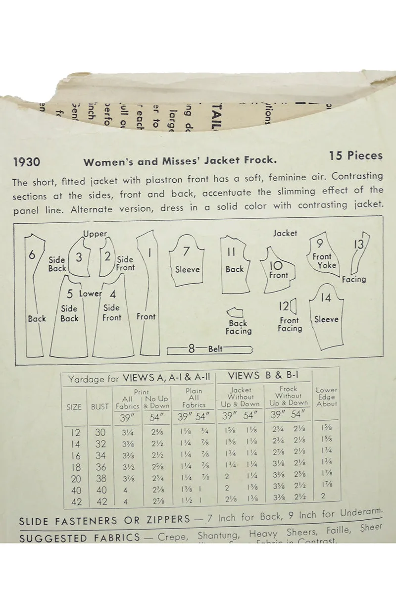 1943 Butterick 1930 WWII Dress and Jacket Vintage Sewing Pattern