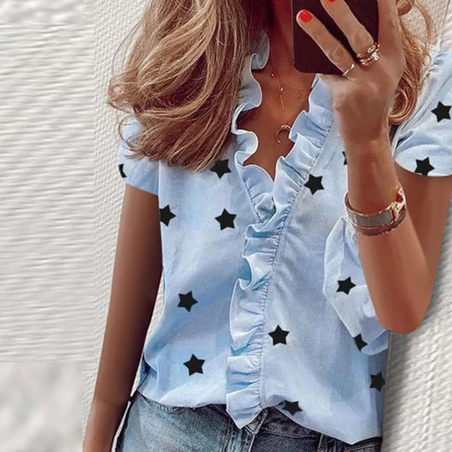 2021 Summer Elegant New Daisy Pineapple Print Short Sleeve  Sexy V-neck tops Sizes S - 3XL