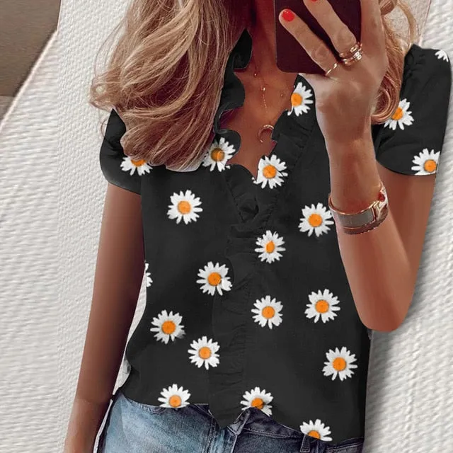 2021 Summer Elegant New Daisy Pineapple Print Short Sleeve  Sexy V-neck tops Sizes S - 3XL