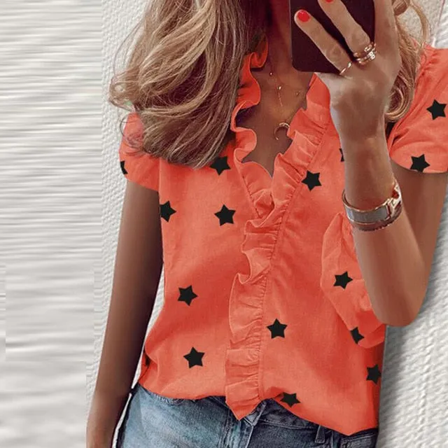 2021 Summer Elegant New Daisy Pineapple Print Short Sleeve  Sexy V-neck tops Sizes S - 3XL