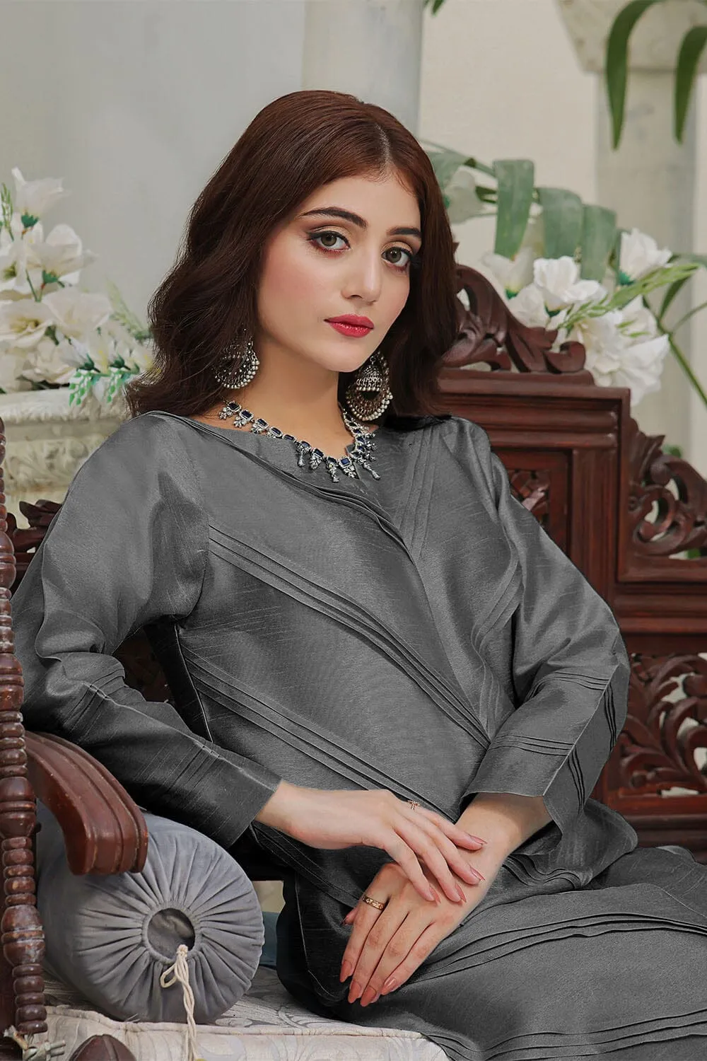 2PC Stitched Silk Shirt & Trouser Dark Grey KFS-2370