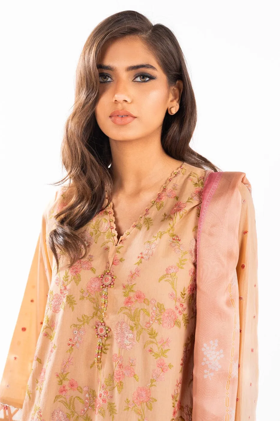 3 Pc Embroidered Lawn Suit With Tissue Silk Dupatta