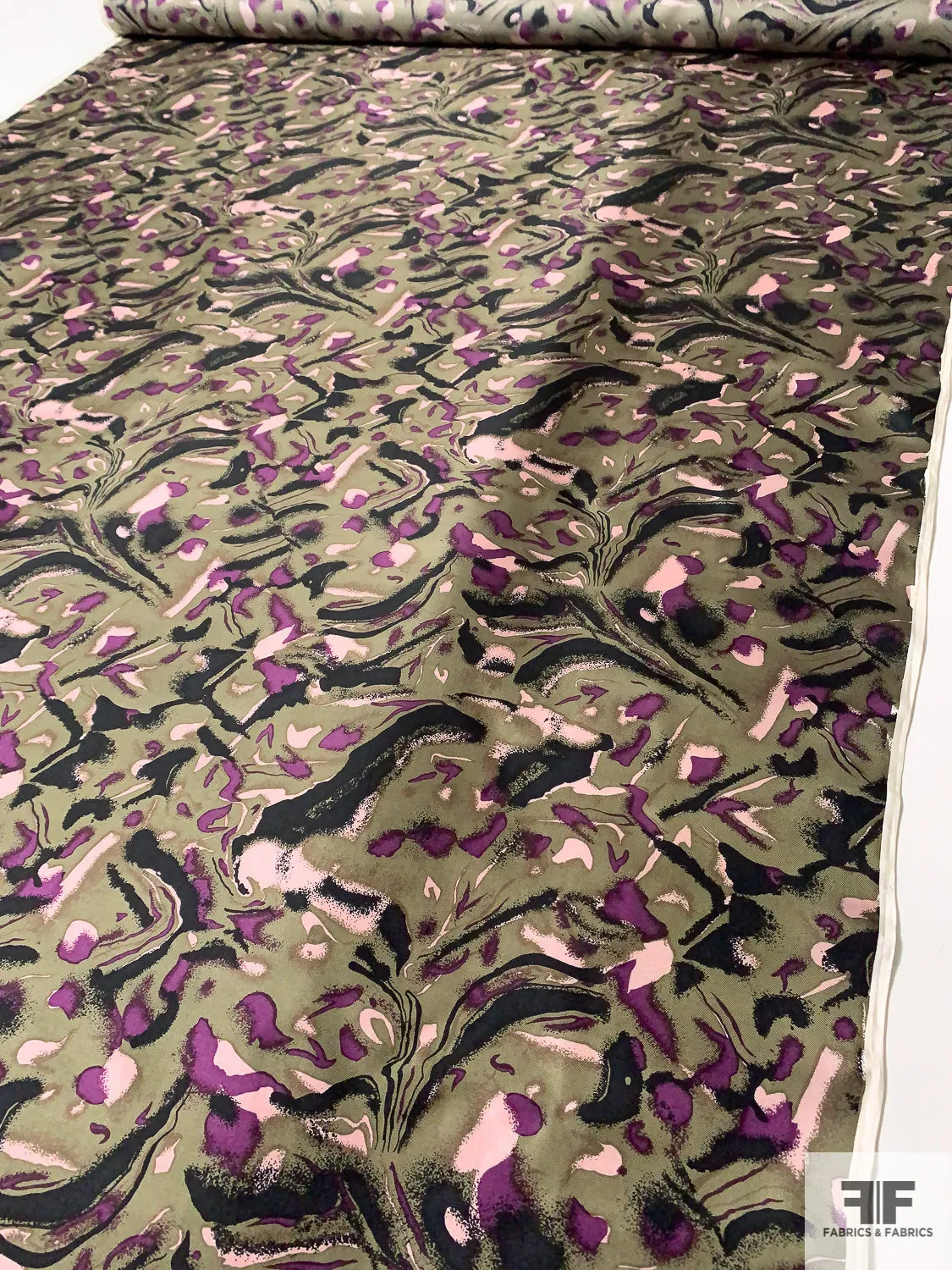 Abstract Printed Vintage Silk Twill - Khaki-Olive / Purple / Black / Light Pink