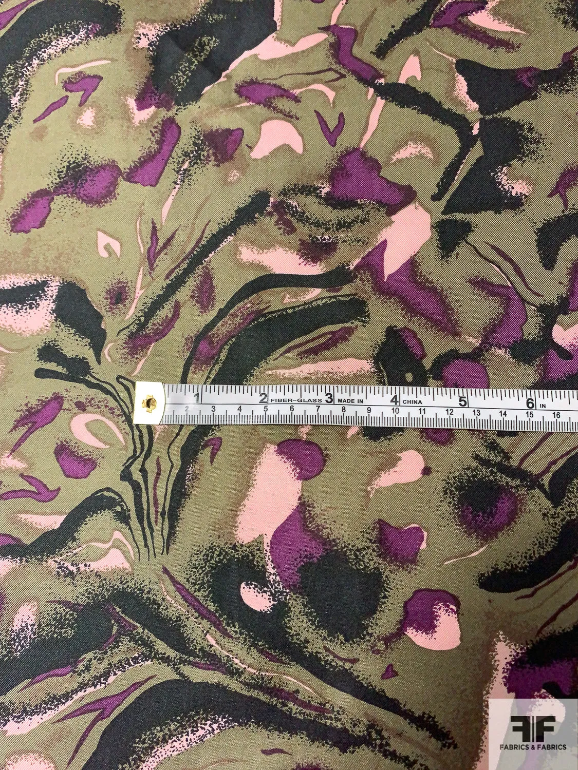 Abstract Printed Vintage Silk Twill - Khaki-Olive / Purple / Black / Light Pink