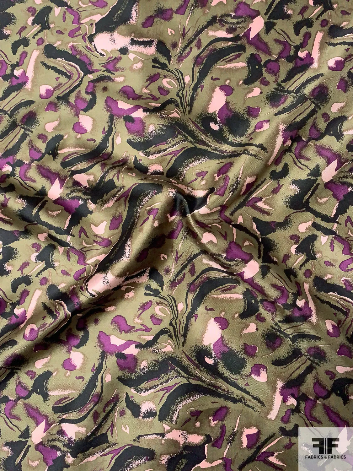 Abstract Printed Vintage Silk Twill - Khaki-Olive / Purple / Black / Light Pink