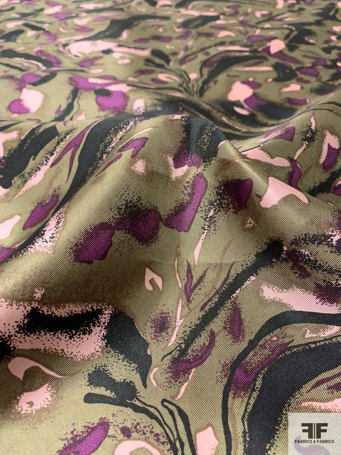 Abstract Printed Vintage Silk Twill - Khaki-Olive / Purple / Black / Light Pink