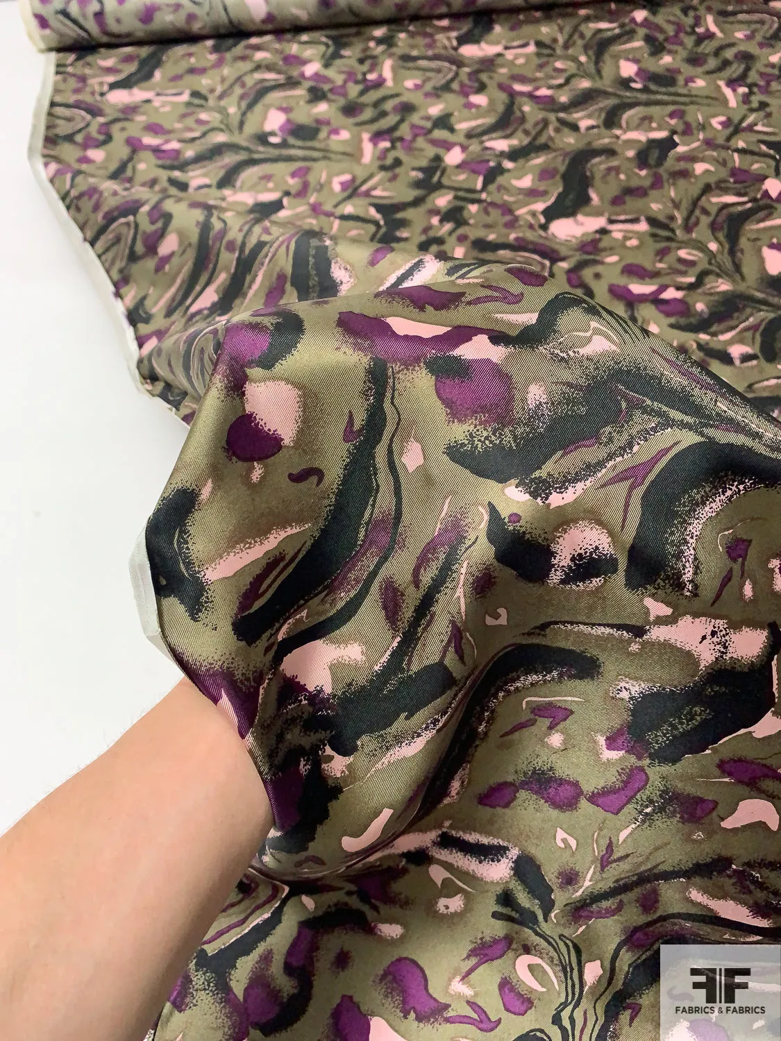 Abstract Printed Vintage Silk Twill - Khaki-Olive / Purple / Black / Light Pink