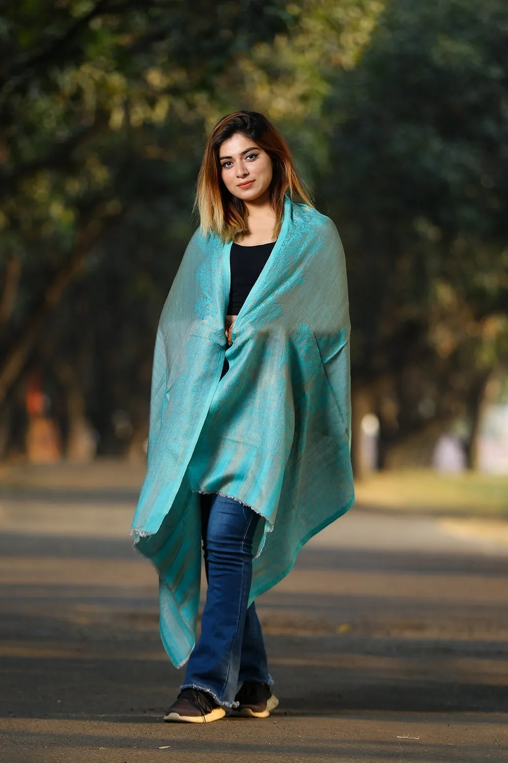 BEAUTIFUL FIROZI BLUE COLOUR KANI KASHMIRI STOLE DEFINES FEMINISM AND ENHANCES SOPHISTICATION