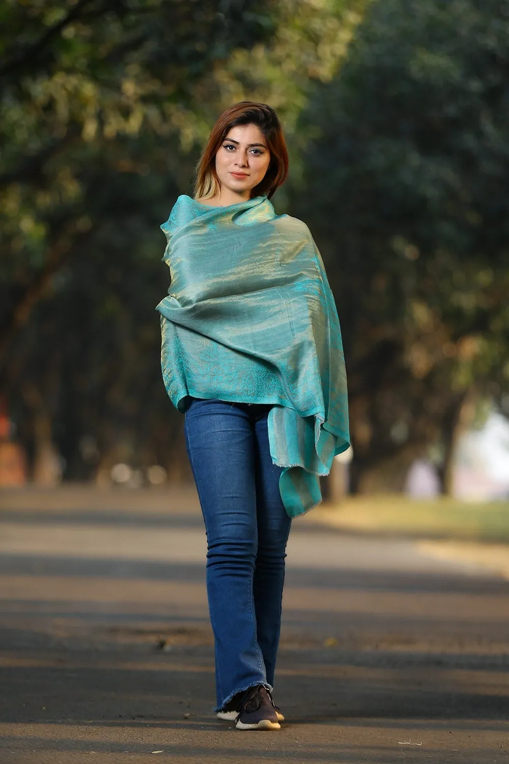 BEAUTIFUL FIROZI BLUE COLOUR KANI KASHMIRI STOLE DEFINES FEMINISM AND ENHANCES SOPHISTICATION