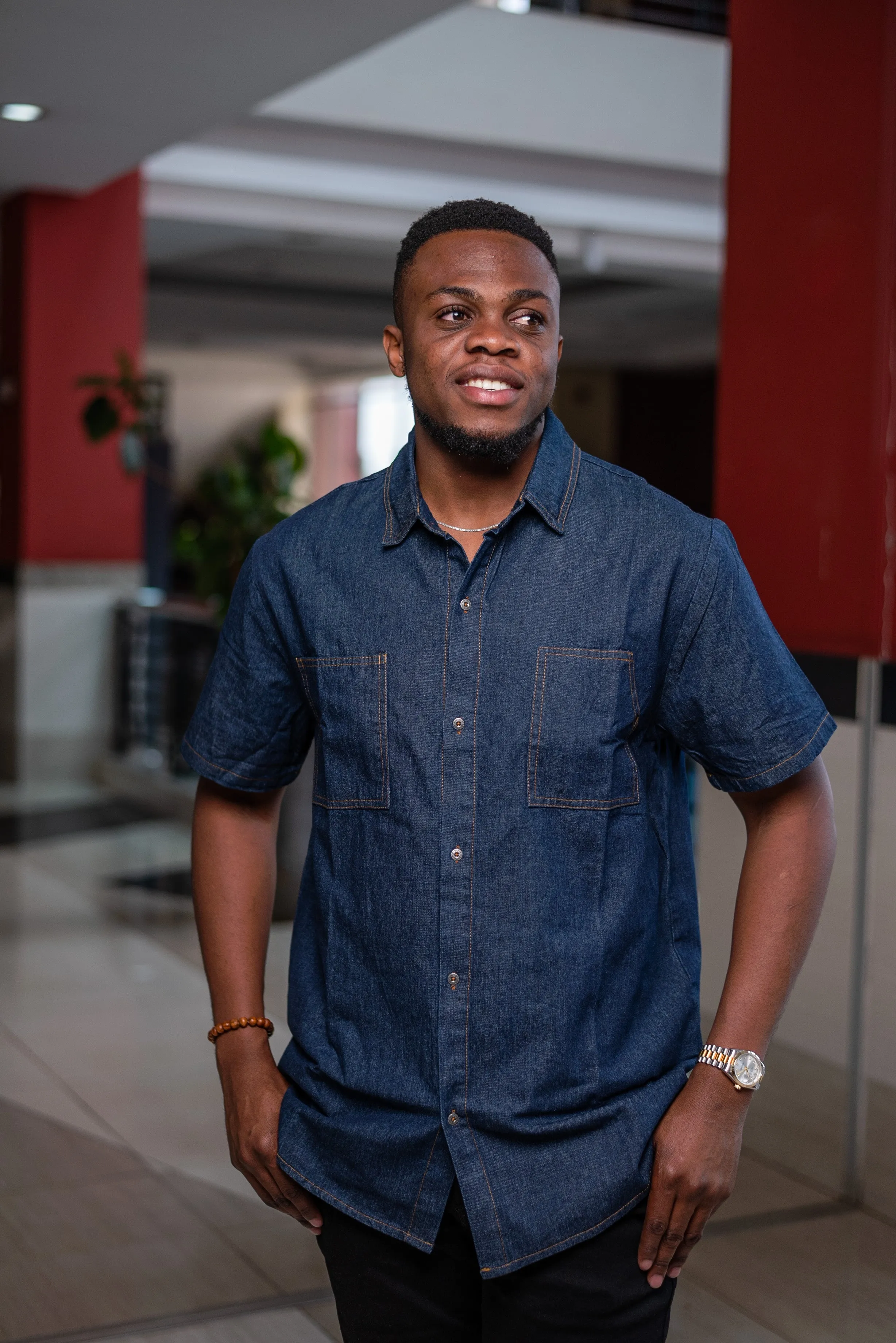 Blue denim shirt short sleeved