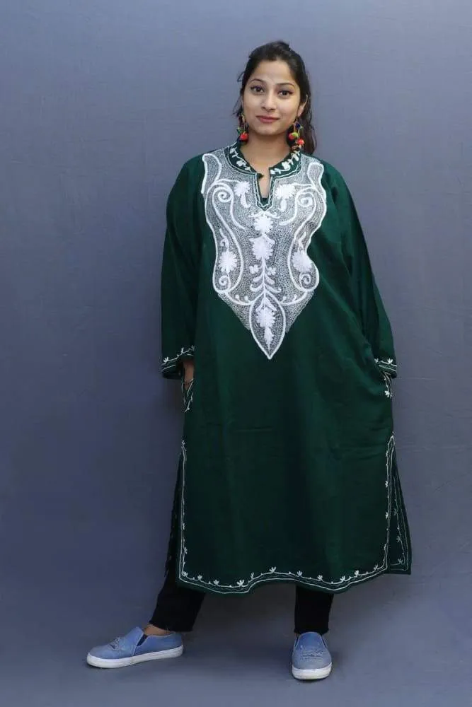 Bottle Green Colour Phiran With The Beautiful Combo Of Tilla And Aari Embroidery Gives Rich Look.