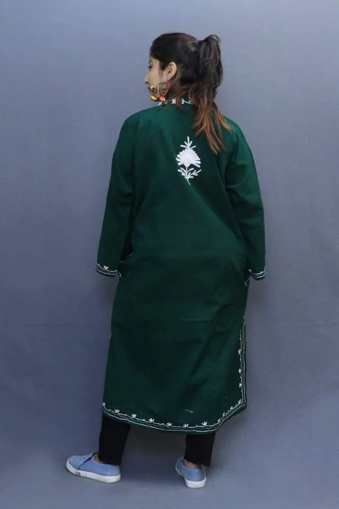 Bottle Green Colour Phiran With The Beautiful Combo Of Tilla And Aari Embroidery Gives Rich Look.