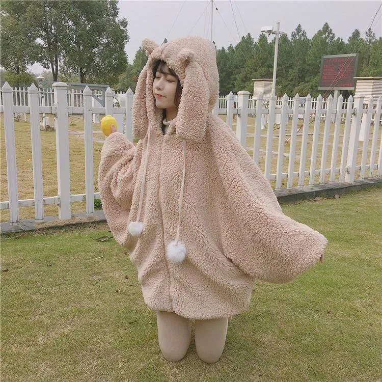 Bunny Puff Sleeved Hooded Woolen Coat