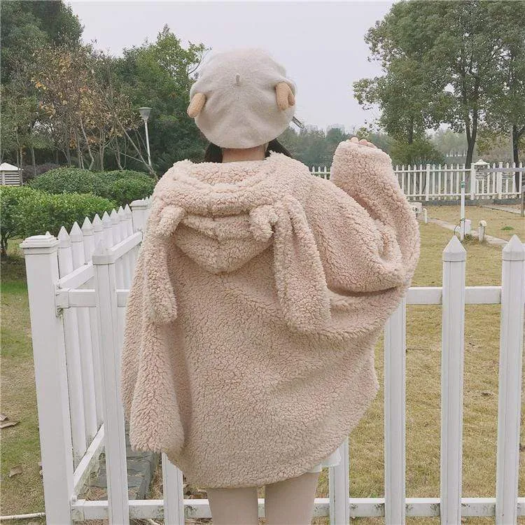 Bunny Puff Sleeved Hooded Woolen Coat