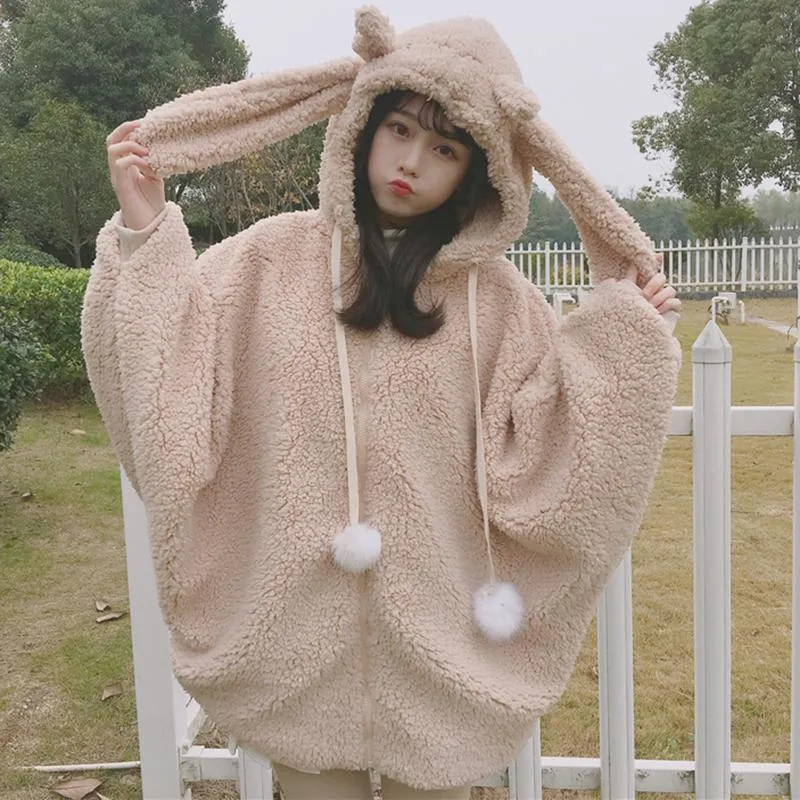 Bunny Puff Sleeved Hooded Woolen Coat