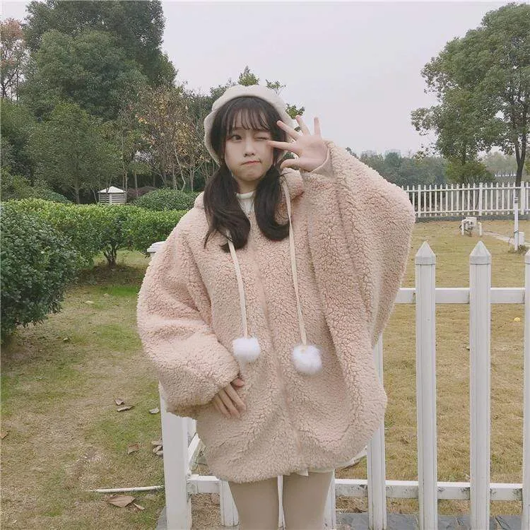 Bunny Puff Sleeved Hooded Woolen Coat