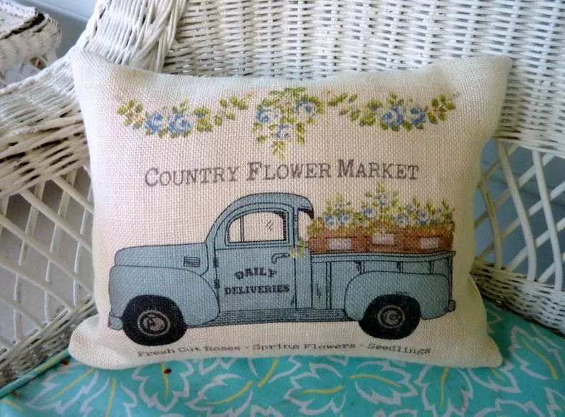 Burlap Truck Pillow Cover, Burlap Pillow cover, Vintage truck pillow, Farmhouse pillow cover