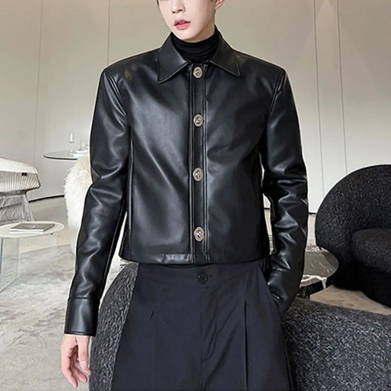 Button Cropped PU Leather Jacket