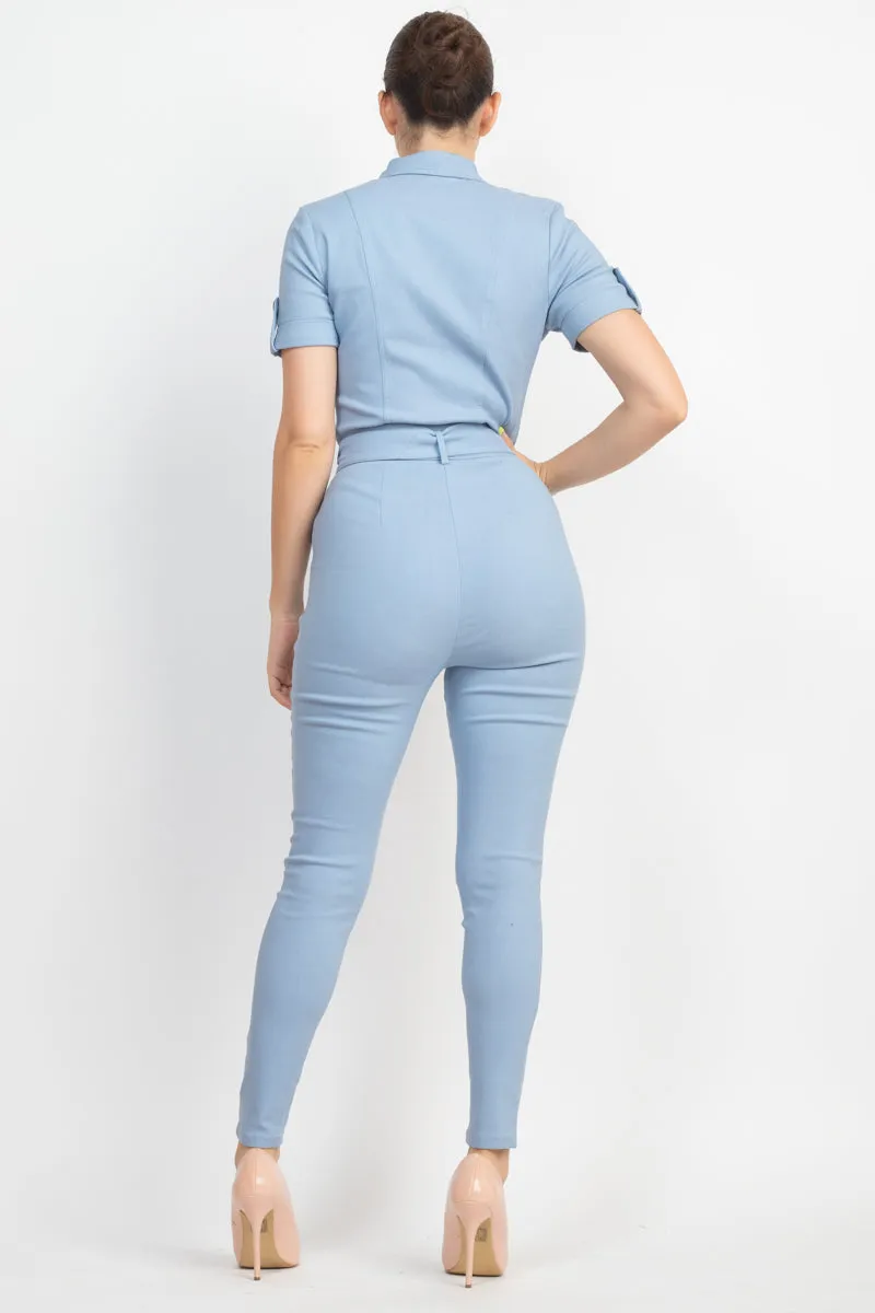 Collared Waist-tie Buttoned Jumpsuit