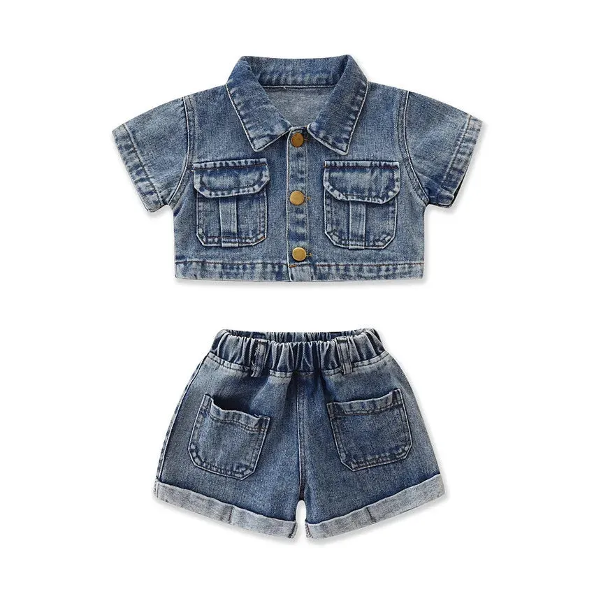 Crop Denim Pocket Short Set