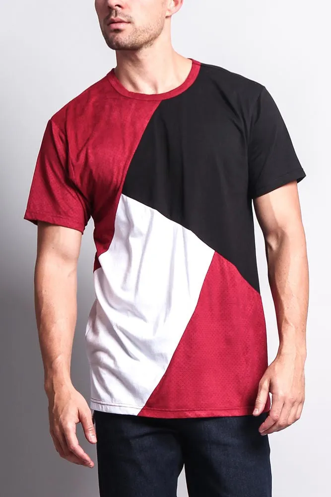 Diagonal Colorblock Poly Suede Mesh T-Shirt