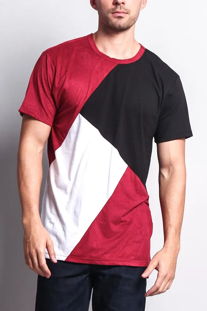 Diagonal Colorblock Poly Suede Mesh T-Shirt