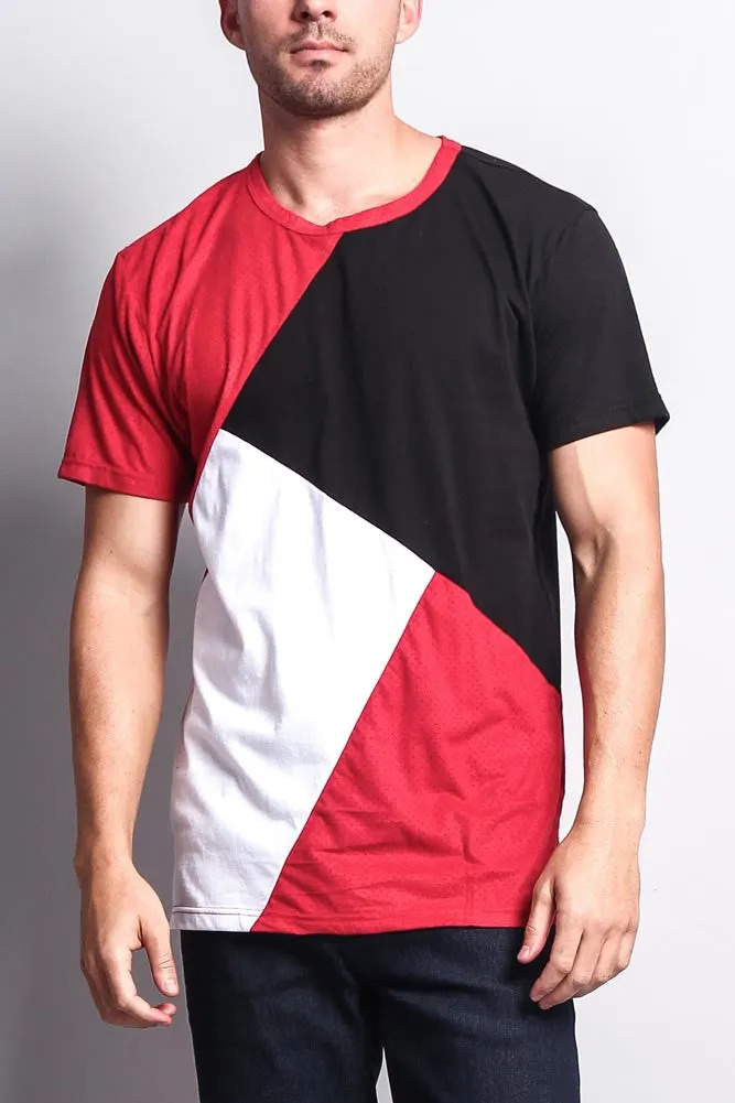 Diagonal Colorblock Poly Suede Mesh T-Shirt