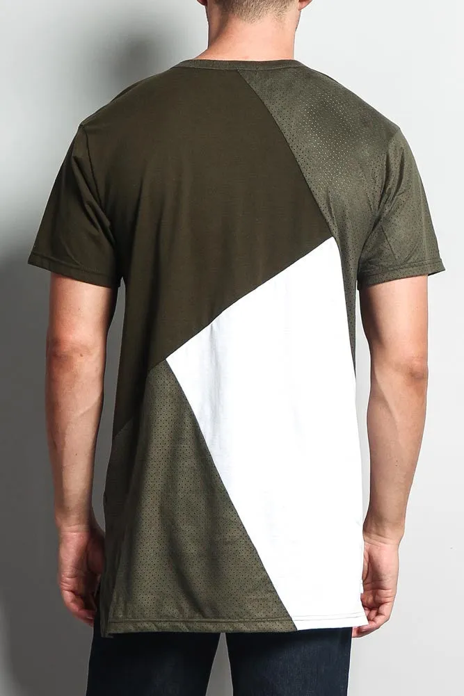 Diagonal Colorblock Poly Suede Mesh T-Shirt