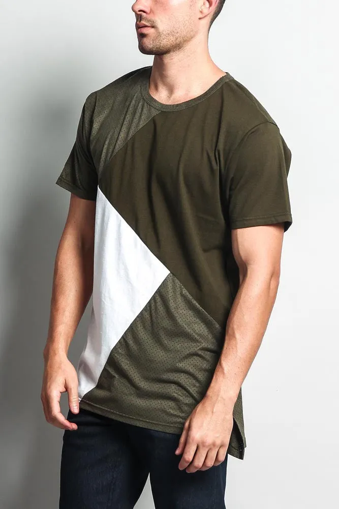 Diagonal Colorblock Poly Suede Mesh T-Shirt