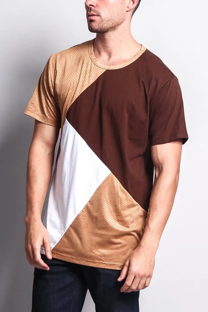 Diagonal Colorblock Poly Suede Mesh T-Shirt